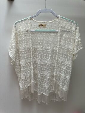 Hollister Cream Crochet Fringe Open-Front Kimono